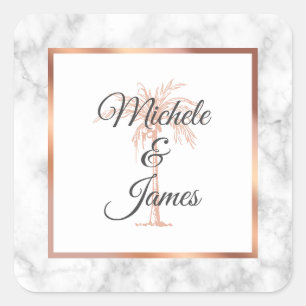 Elegant Grey Rose Gold Palm Tree Marble Wedding Square Sticker
