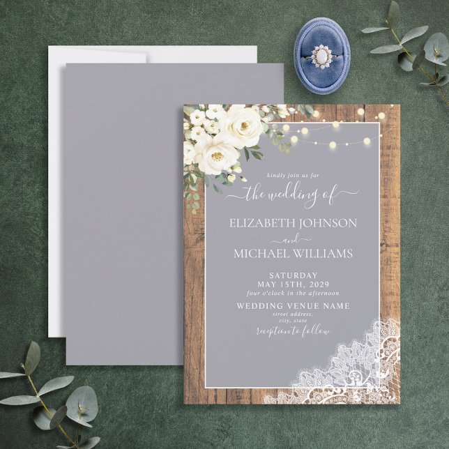 Elegant Grey Rustic Wood Lace Script Wedding Invitation (Creator Uploaded)