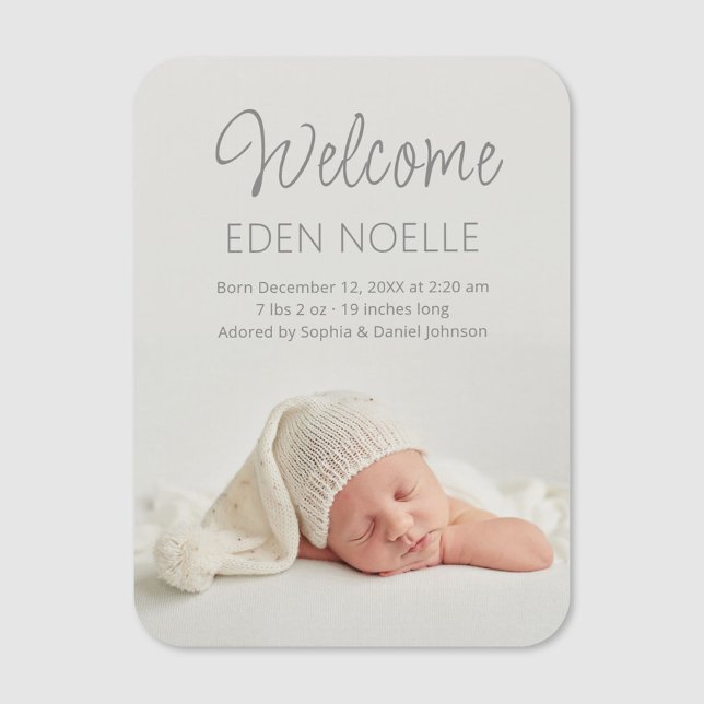Elegant Grey Script Baby Announcement Photo  Magnet (Custom baby photo magnet. Elegant, modern gray script baby birth announcement photo magnet.)