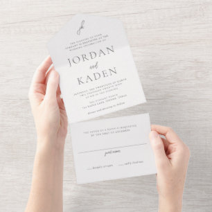 Elegant Grey Script Monogram Wedding All In One Invitation