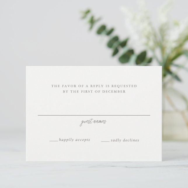 Elegant Grey Script Monogram Wedding RSVP Card (Standing Front)