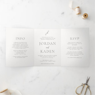 Elegant Grey Script Monogram Wedding Tri-Fold Invitation