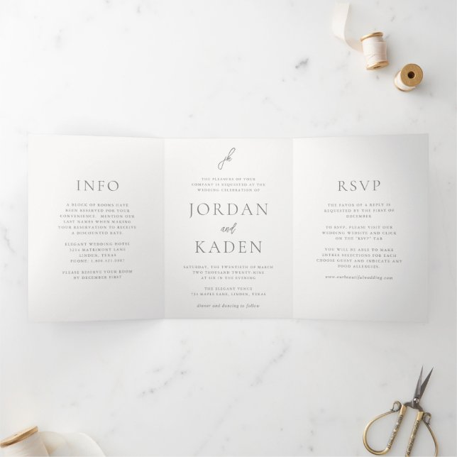 Elegant Grey Script Monogram Wedding Tri-Fold Invitation (Inside)