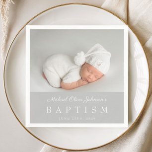 Elegant Grey Script Photo Baptism Napkin