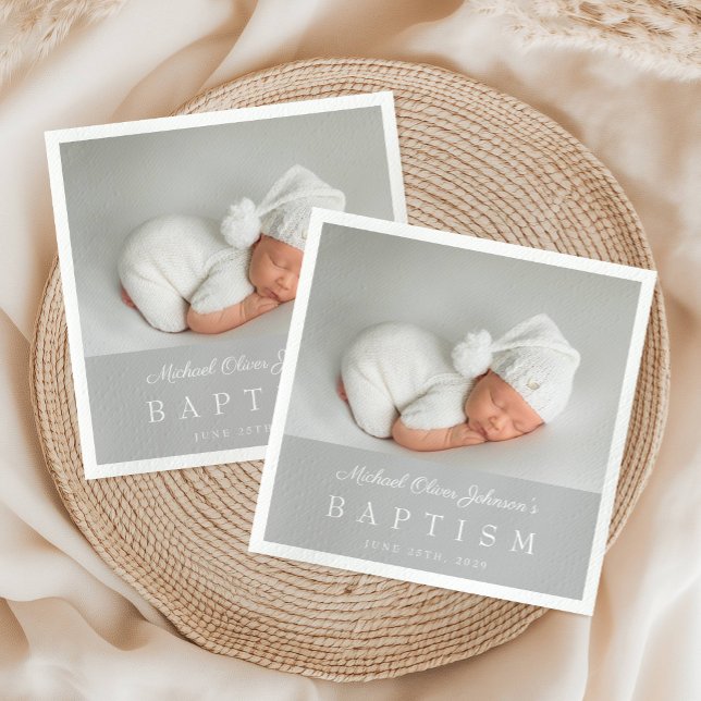 Elegant Grey Script Photo Baptism Napkin (Elegant Gray Script Photo Baptism Napkins)