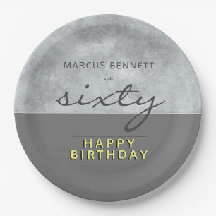 Elegant Grey Script Sixty Man 60th Birthday Party Paper Plate