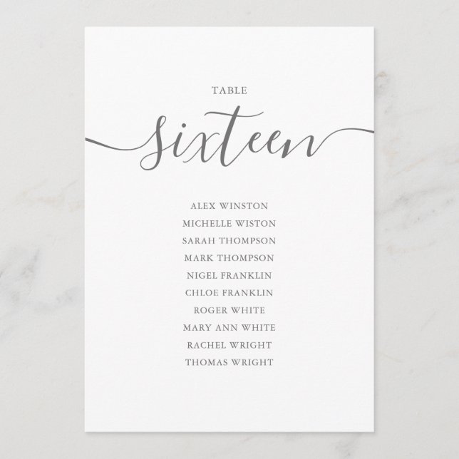 Elegant Grey Script Table Number 16 Seating Chart (Front)