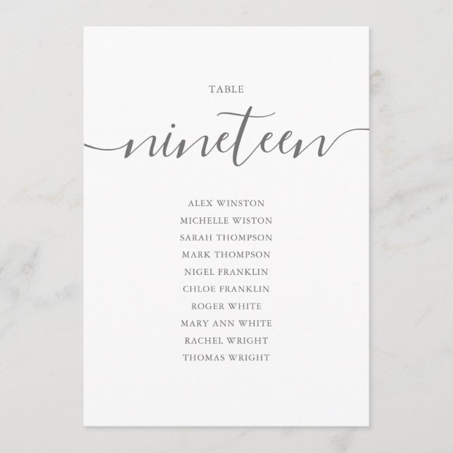Elegant Grey Script Table Number 19 Seating Chart (Front)