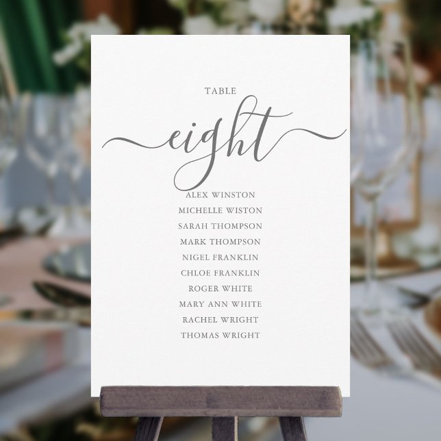 Elegant Grey Script Table Number 8 Seating Chart (Creator Uploaded)