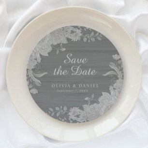 Elegant Grey Silver Floral Save the Date Wedding Round Paper Coaster