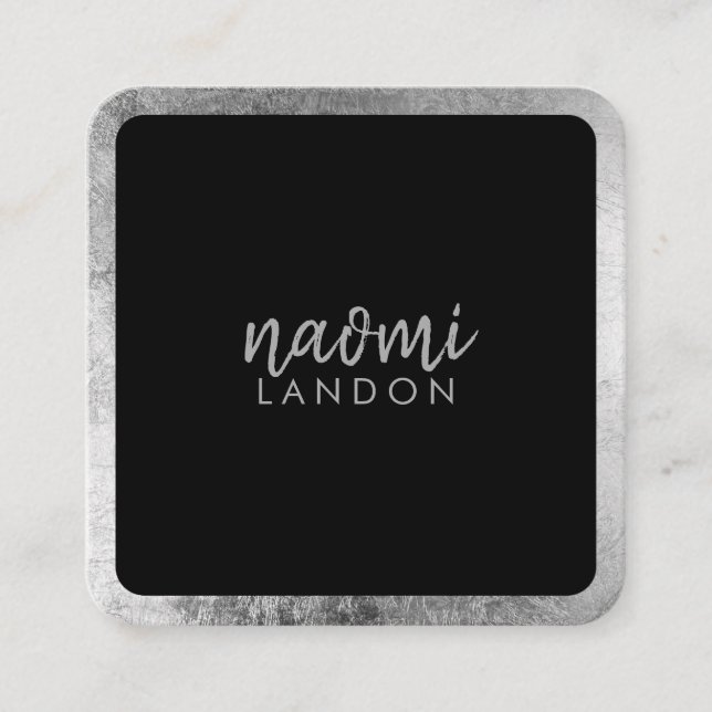 Elegant grey silver modern square minimalist black business card (Front)