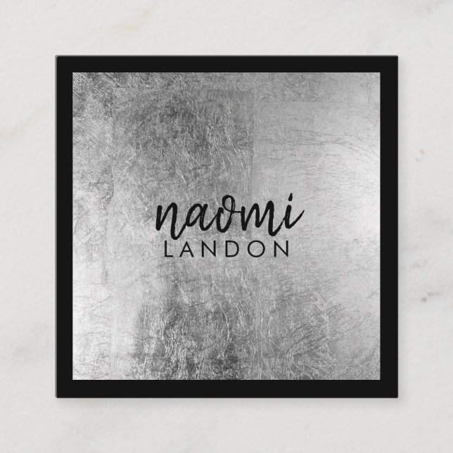 Elegant grey silver modern square minimalist black square business card (Front)