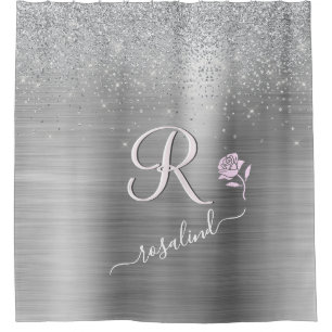Elegant Grey Sparkle Custom Monogram Pink Rose  Shower Curtain