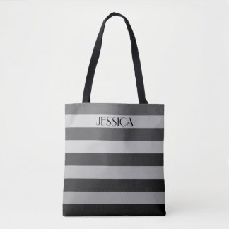 Elegant Grey Striped Pattern Name Tote Bag