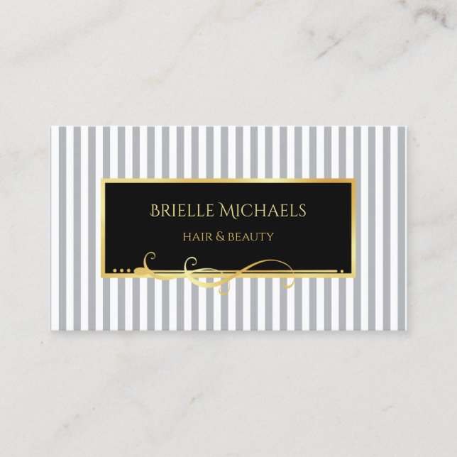 Elegant Grey Stripes Black Gold Filigree Beauty Business Card (Front)