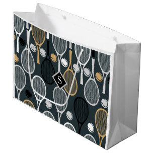 Elegant Grey Tennis Racket Ball Pattern & Initial Large Gift Bag
