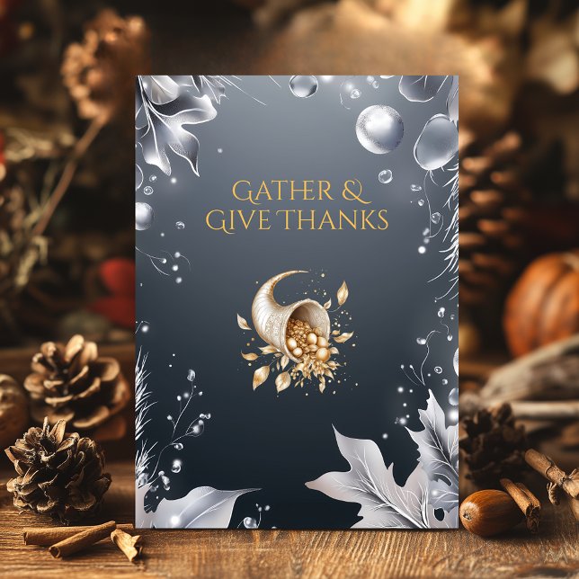 Elegant Grey Thanksgiving with Cornucopia & Silver Invitation (Creator Uploaded)