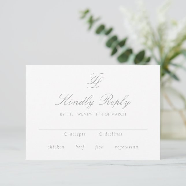 Elegant Grey Traditional Wedding RSVP Card (Standing Front)