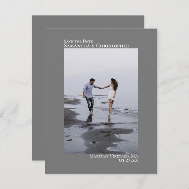 Elegant Grey Vertical Photo Minimalist Wedding Save The Date (Front/Back)