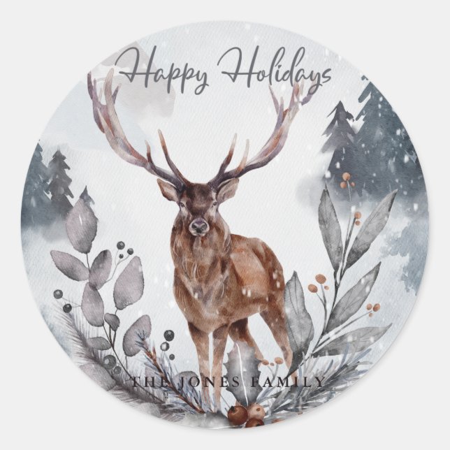 Elegant Grey Watercolor Winter Christmas Deer Classic Round Sticker (Front)