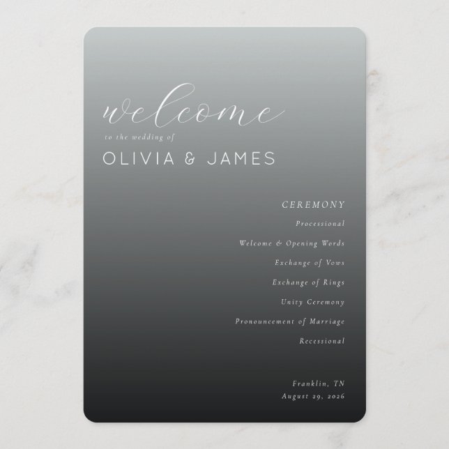 Elegant Grey Wedding Ceremony Schedule Program (Front)