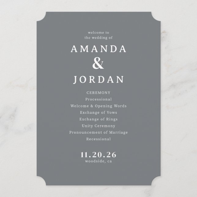 Elegant Grey Wedding Ceremony Schedule Program (Front)