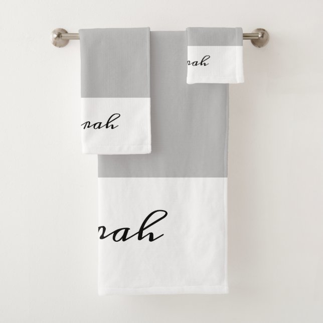 Elegant Grey & White Calligraphy Bath Towel Set (Insitu)