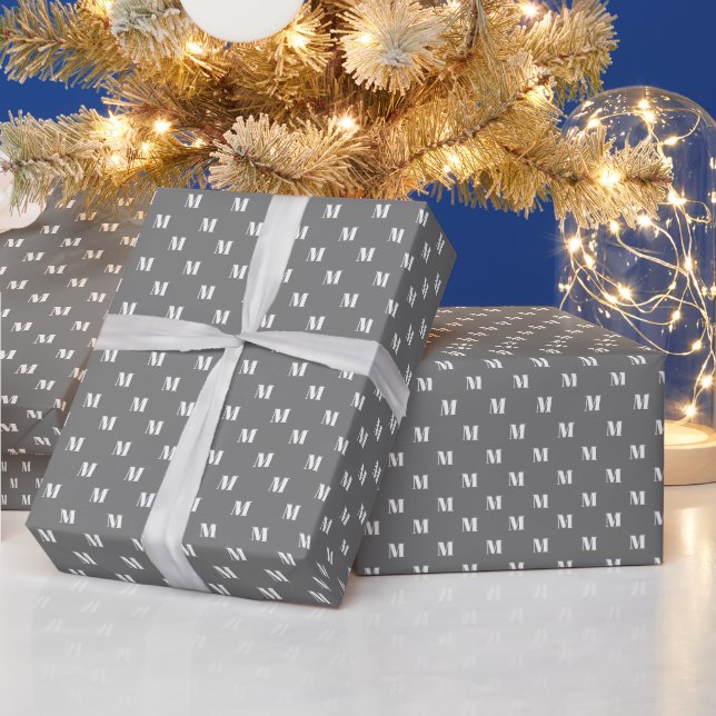 Elegant grey white custom monogram initial letter wrapping paper (Holidays)