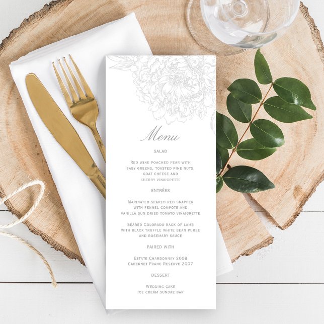 Elegant Grey White Floral Peony Wedding Menu (Creator Uploaded)