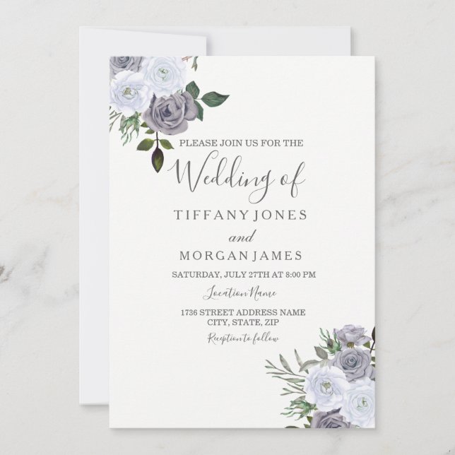 Elegant Grey White Floral Rose Wedding Invitation (Front)