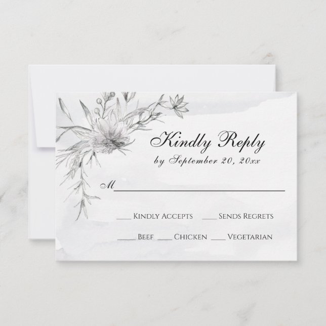 Elegant Grey White Floral Watercolor Wedding RSVP  Card (Front)