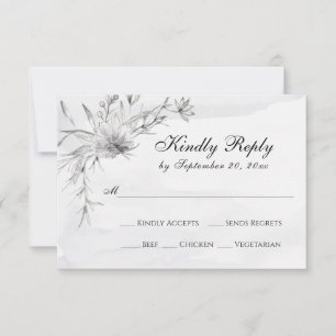 Elegant Grey White Floral Watercolor Wedding RSVP  Card