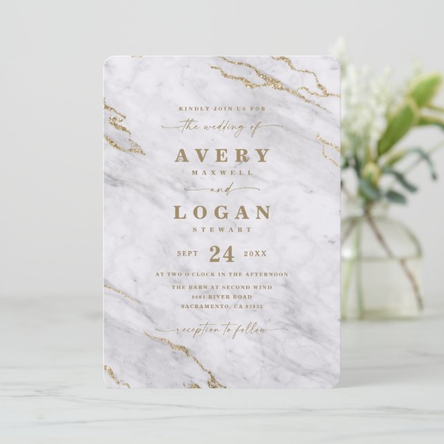Elegant Grey White & Gold Metallic Marble Wedding Invitation (Standing Front)