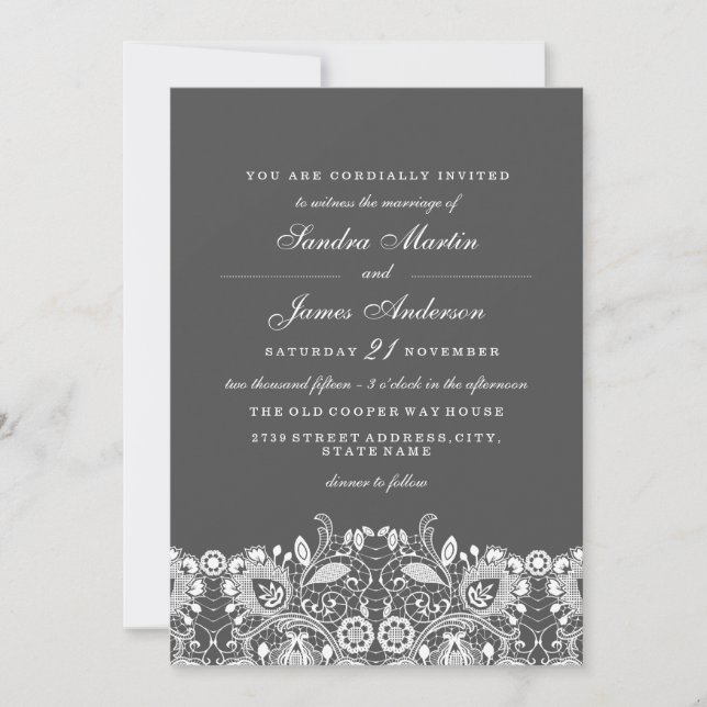 Elegant Grey White Lace Wedding Invitation (Front)