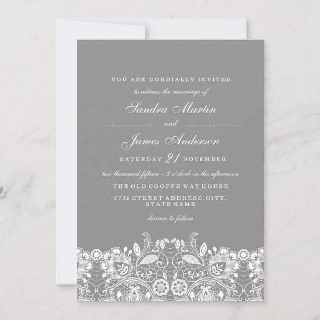 Elegant Grey White Lace Wedding Invite (Front)
