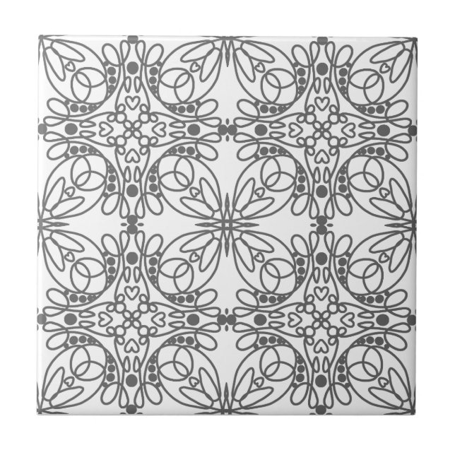 Elegant Grey White Line Art Floral Heart Look Ceramic Tile (Front)