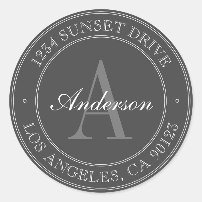 Elegant Grey & White Monogram Address Classic Round Sticker (Front)
