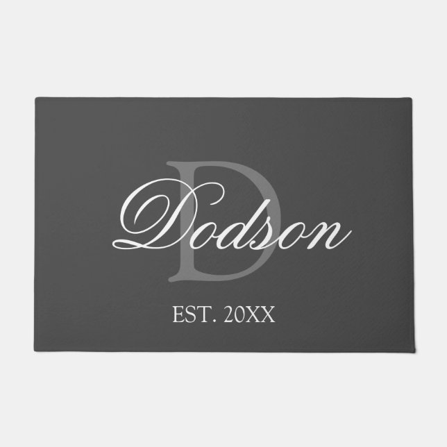 Elegant Grey White Monogram Date Established Doormat (Front)