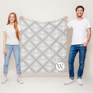 Elegant Grey & White Nautical Anchors Monogram Fleece Blanket