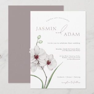Elegant Grey White Orchid Initials Floral Wedding Invitation