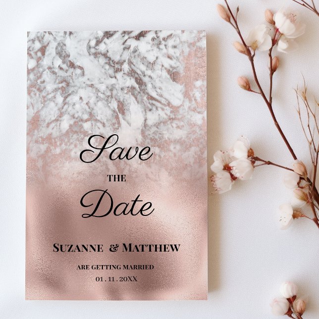 Elegant grey white rose gold marble Save the Date Invitation (Elegant gray white rose gold marble Save the Date)