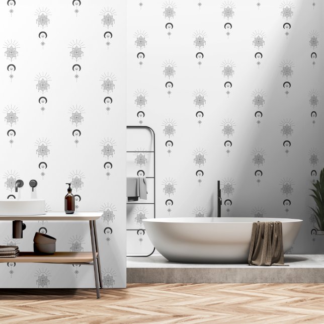 Elegant Grey White Simple Sun Moon Mandala Boho  Wallpaper (Bathroom)