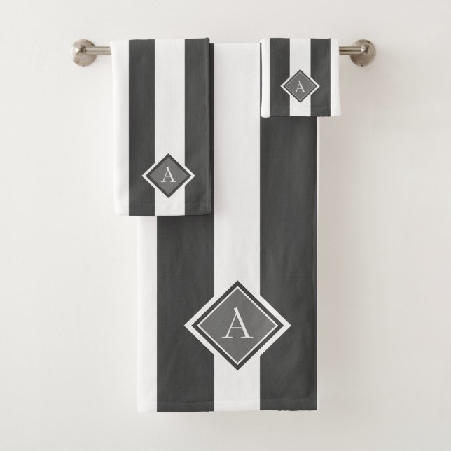 Elegant Grey White Stripes Monogram Bath Towel Set (Insitu)