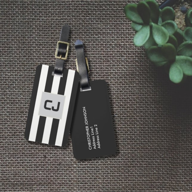 Elegant Grey White Stripes Monogram Luggage Tag (Creator Uploaded)