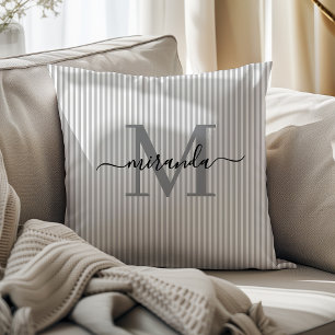 Elegant Grey & White Stripes Monogram Name Cushion