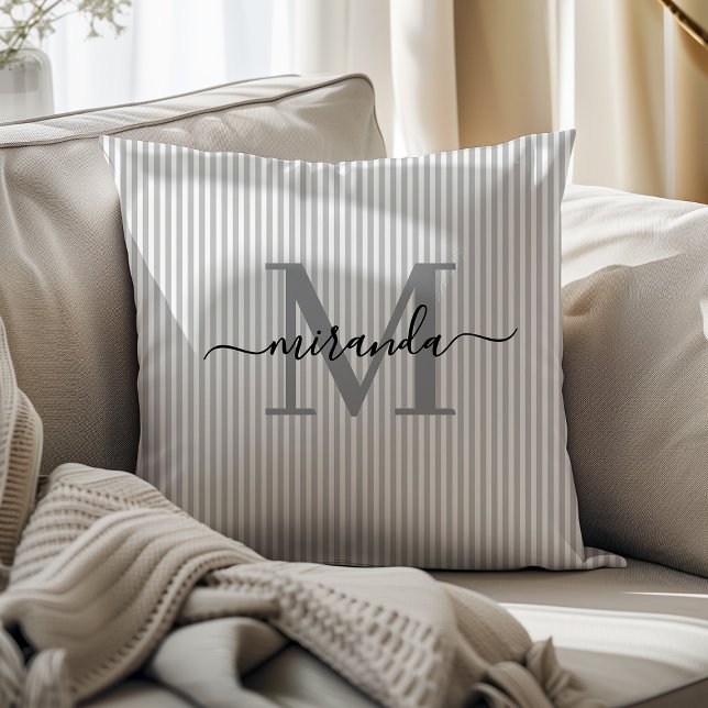 Elegant Grey & White Stripes Monogram Name Cushion (Creator Uploaded)
