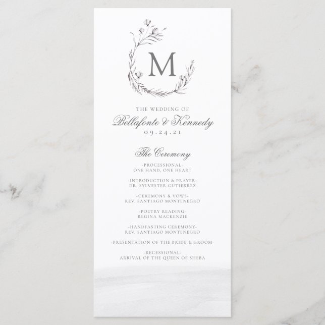 Elegant Grey White Watercolor Wreath Wedding Program (Front)