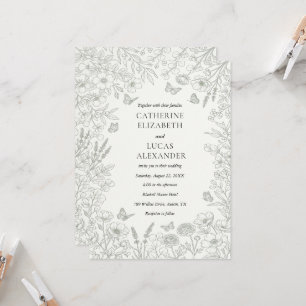 Elegant Grey Wildflower Line Art Wedding Invitation