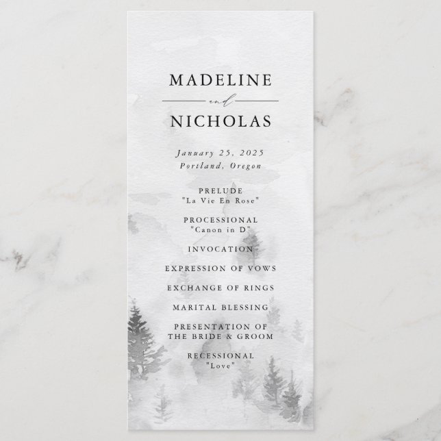 Elegant Grey Winter Forest Wedding Ceremony Program (Front)