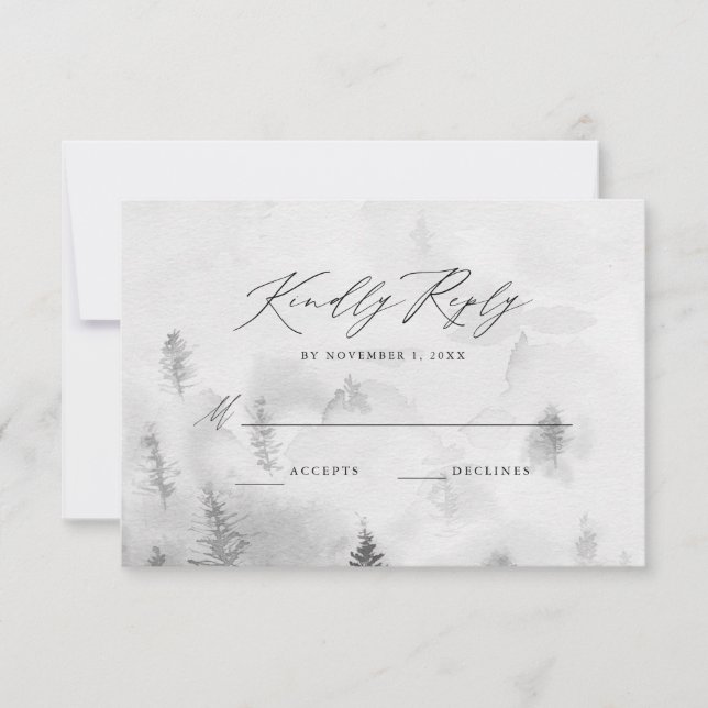 Elegant Grey Winter Forest Wedding RSVP Card (Front)